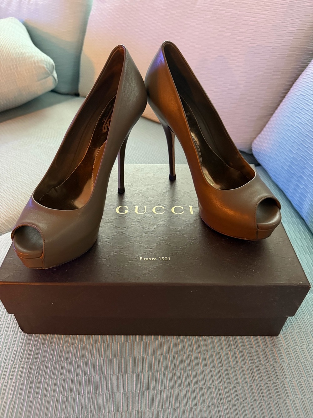 Gucci Brown Leather Peep-Toe Stiletto Pumps